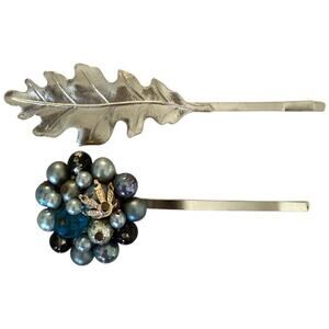 Vintage Beaded Hair Pins Silver Leaf Clips Blue Bridal Boho Nature Accessories